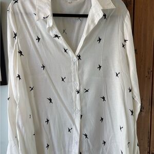 White Button-Up Shirt with Black Bird Print - women’s Casual Shirt